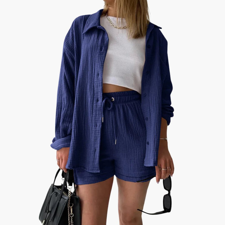 Vibrant women's matching outfit, lightweight two-piece for casual spring wear.