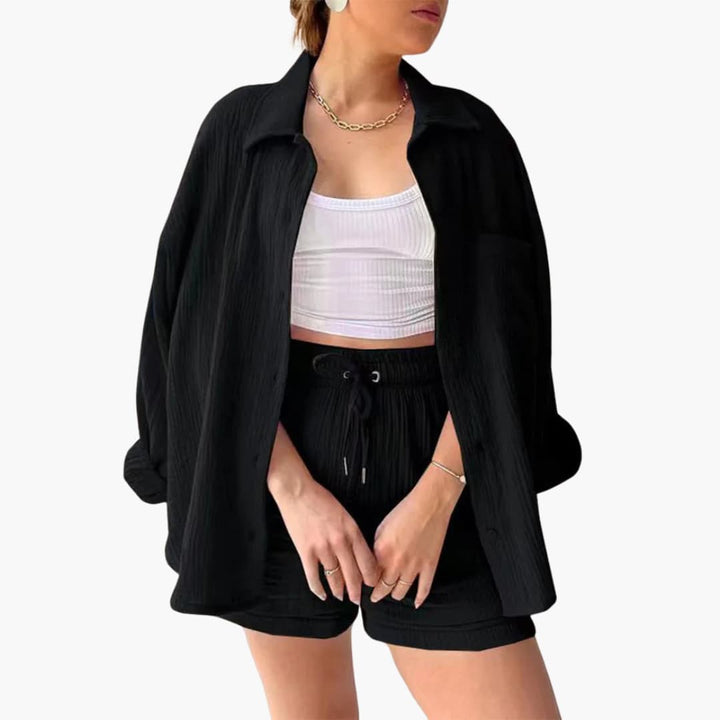 Stylish women's casual matching set, vibrant for a relaxed summer vacation.