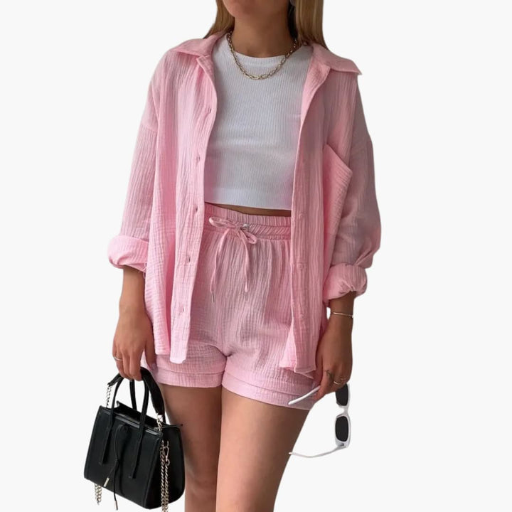 Women's breezy two-piece outfit, perfect for warm weather, lightweight & chic.