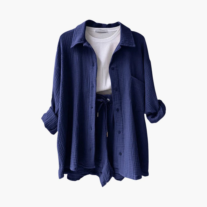Vibrant women's casual matching outfit, lightweight fabric, great for spring.