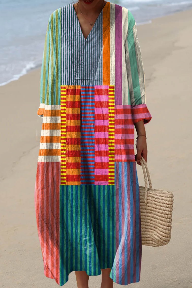 Women's vibrant color block V-neck casual dress. Stylish & relaxed fit for summer fashion and everyday wear.