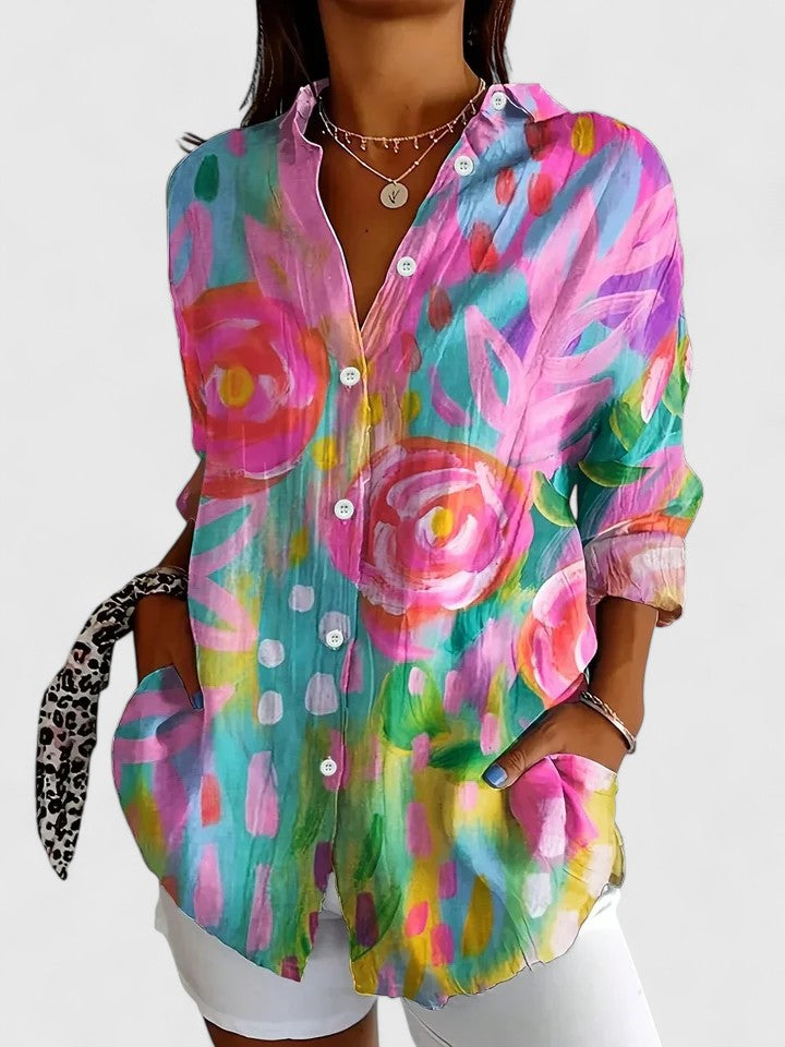 Women's vibrant floral abstract print long sleeve blouse, a stylish casual top.