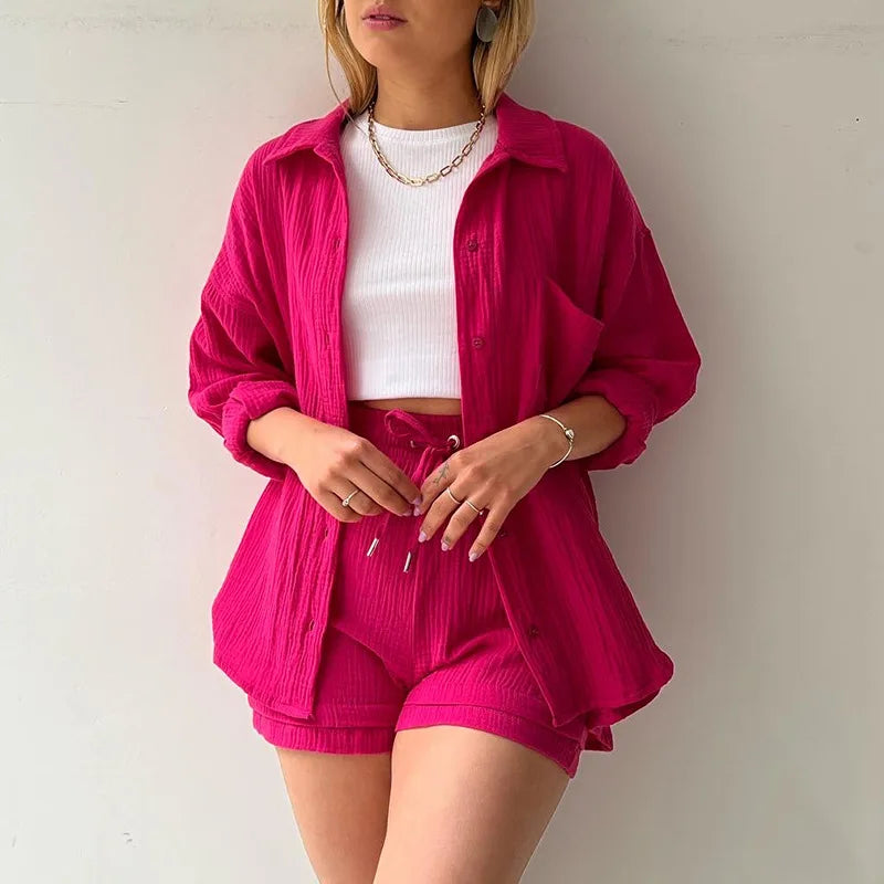 Pink flare shorts set for women, perfect for casual wear & lounging.