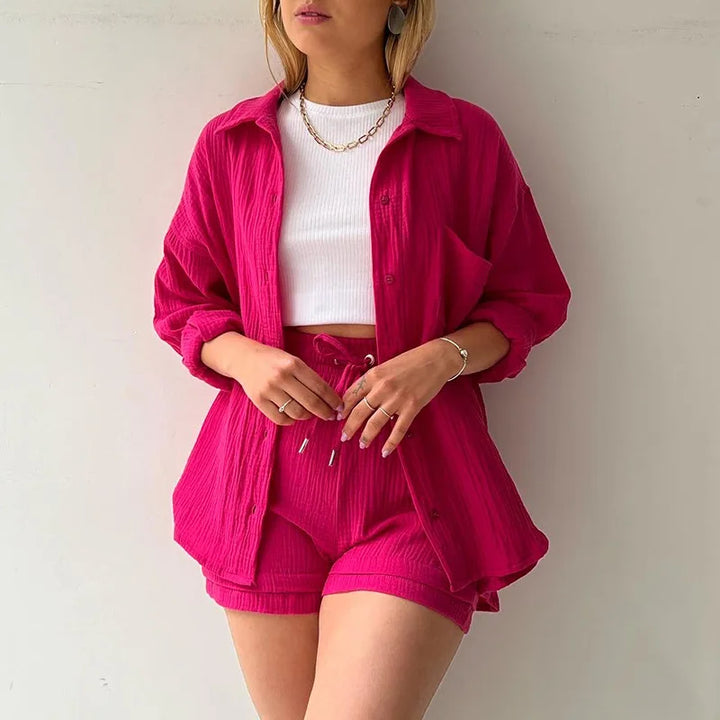 Pink flare shorts set for women, perfect for casual wear & lounging.