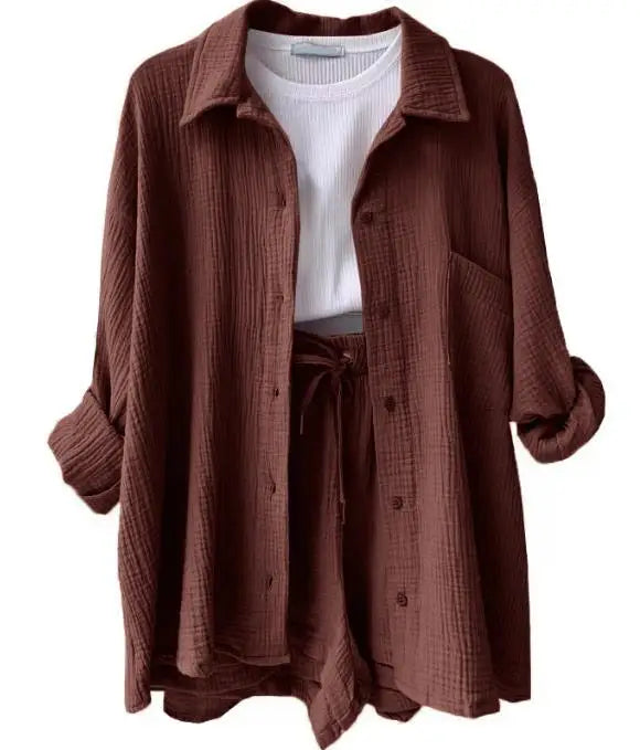 Green button-up flare shorts set, comfortable & stylish women's outfit.