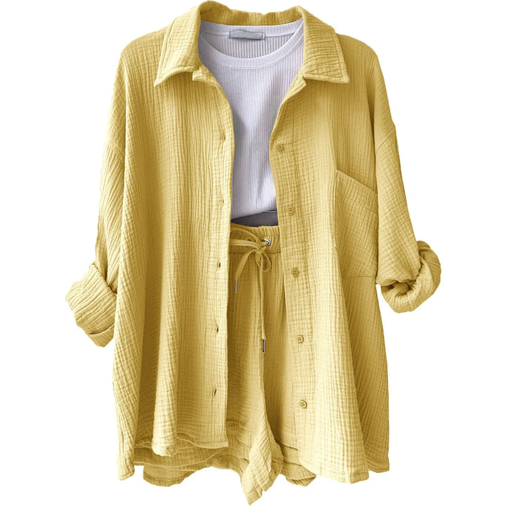 Turquoise button-up flare set, women's effortless style summer outfit.