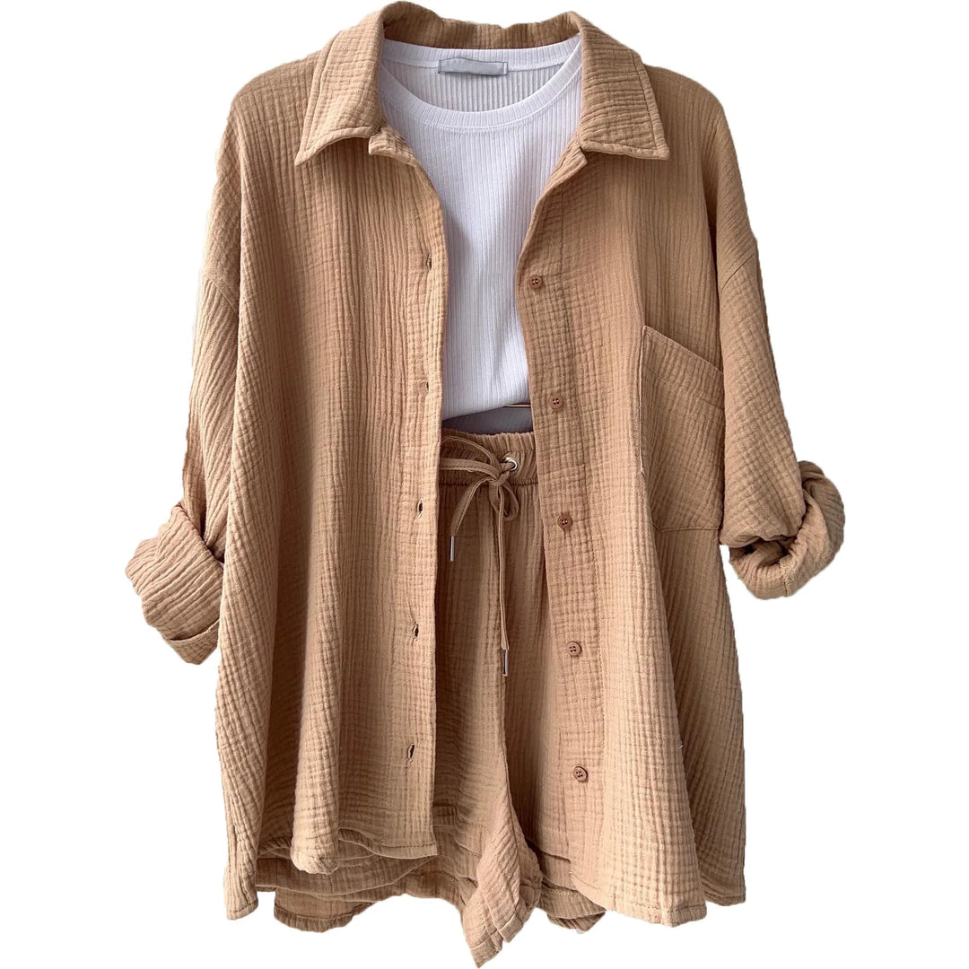Green button-up women's shorts set, comfortable & stylish summer flare outfit.