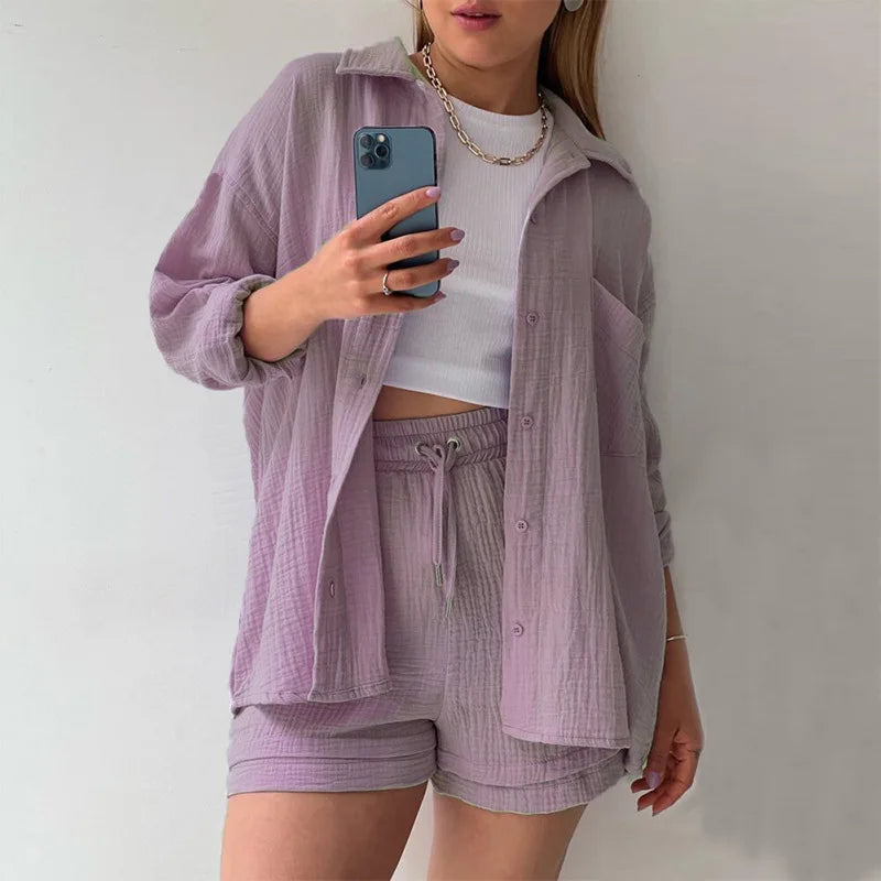 Turquoise button-up flare shorts set, women's comfortable casual summer suit.