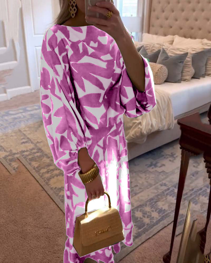Modern women's printed two-piece set showcasing a stylish pattern and elegant long lantern sleeves.