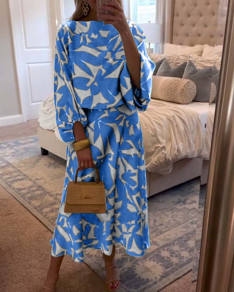 Chic women's matching outfit: printed long-sleeve top & coordinating skirt set, ideal for versatile styling.