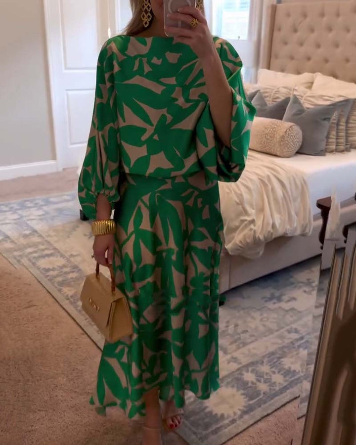 Casual chic women's printed skirt set with comfortable long lantern sleeves, great for spring fashion.