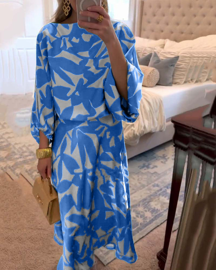 Trendy women's long-sleeve printed matching set with eye-catching lantern sleeves for a sophisticated look.