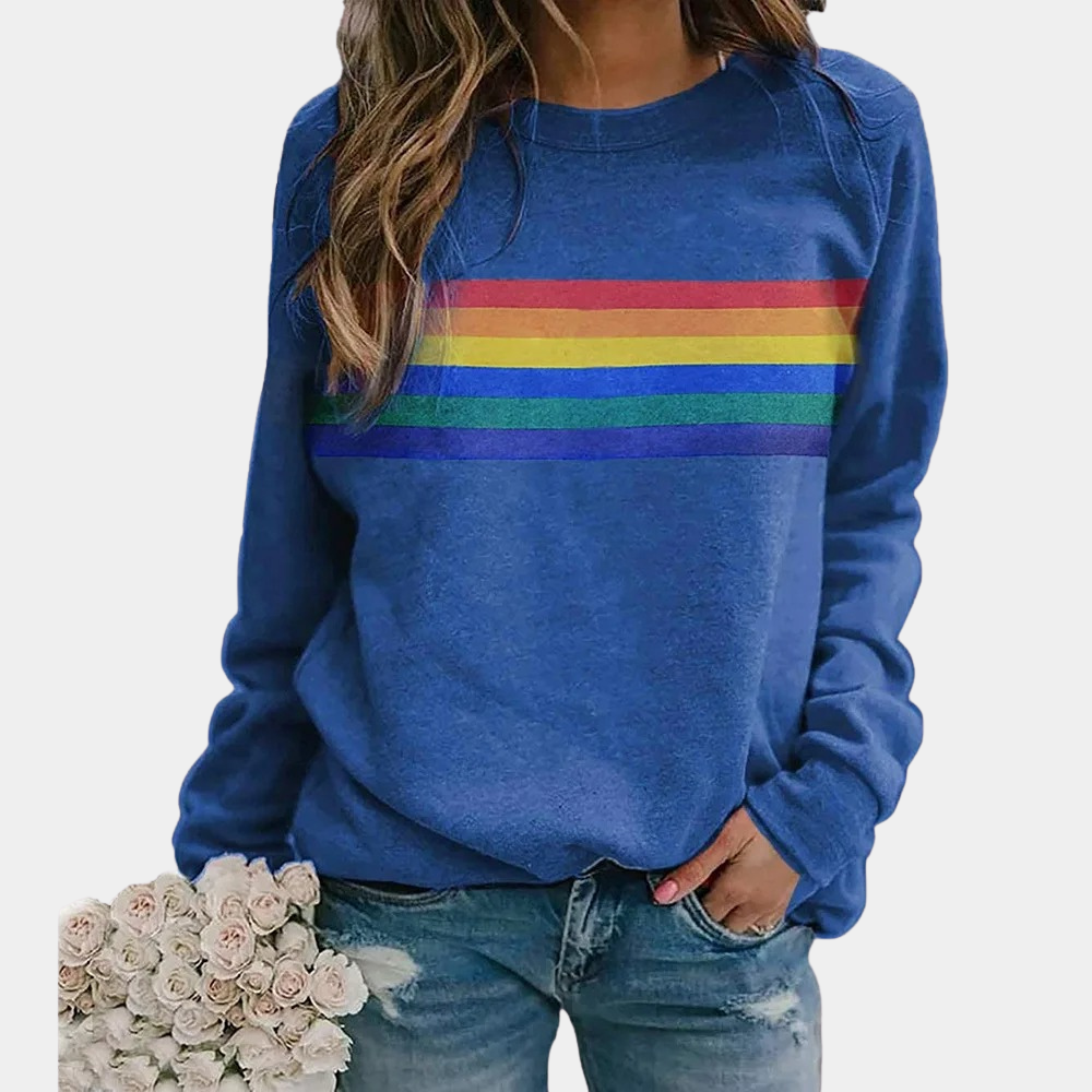 Women's vibrant rainbow stripe crewneck sweatshirt. Colorful pullover for casual, everyday comfort & style.