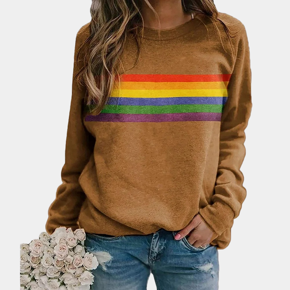 Colorful women's crewneck pullover featuring vibrant rainbow stripes. Soft, comfortable, and stylish for daily wear.