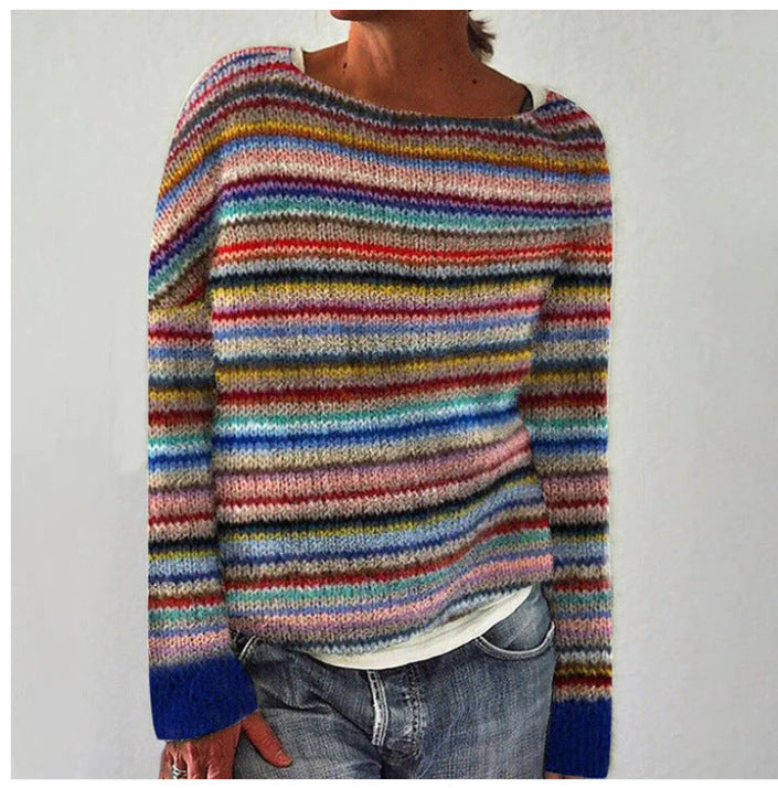 Women's vibrant striped knit sweater. Cozy, loose-fit, round neck, perfect for autumn & winter casual wear.