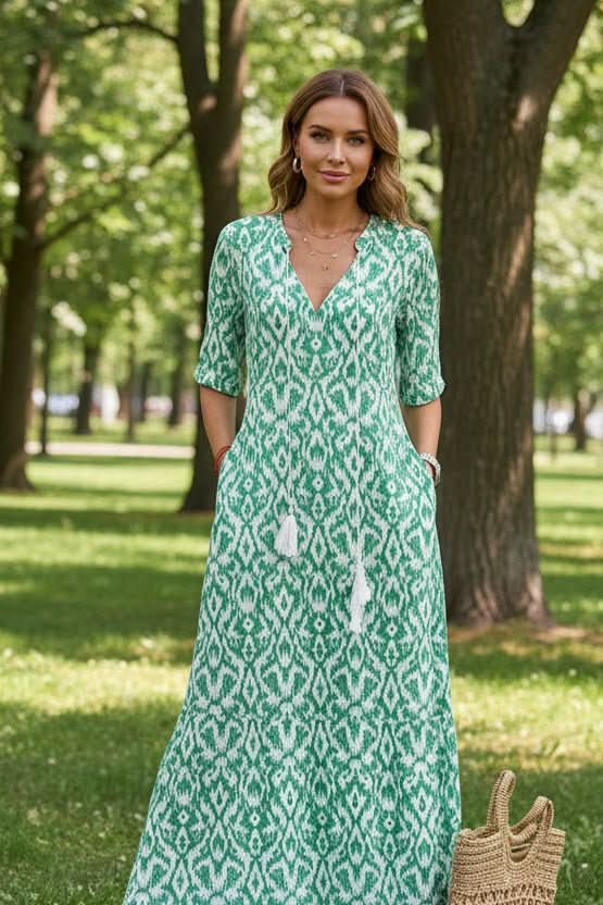 Chic vibrant maxi dress for women, a stylish and comfortable summer beach or casual day outfit.