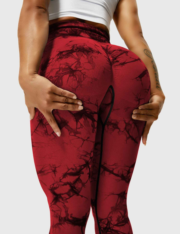 Flexible high-waist tie-dye leggings for women. Stylish activewear and comfortable workout pants.