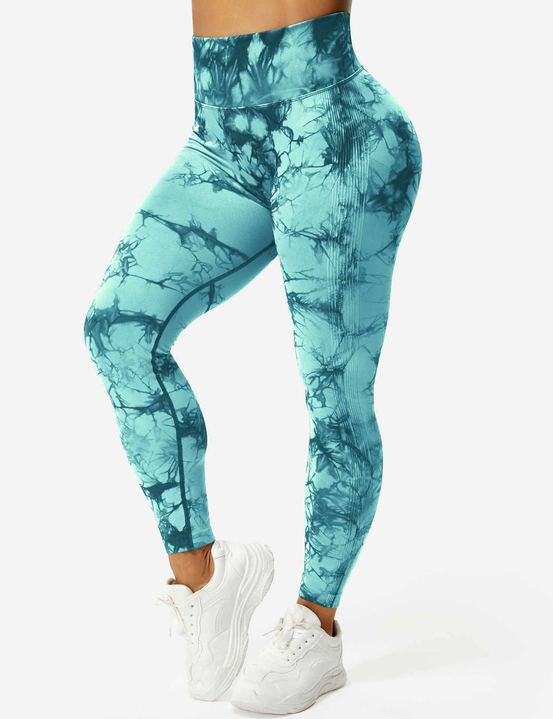 Fashionable tie-dye workout leggings for women. High-waist design for comfort and active style.