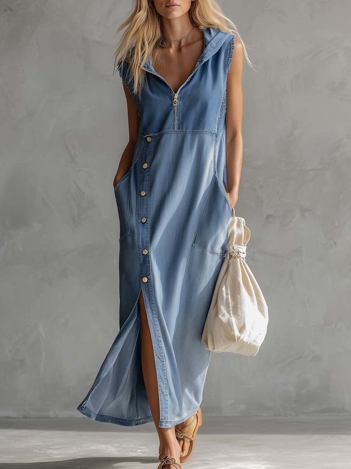 Women's vintage blue hooded midi dress with side slits, V-neck, and zipper. Perfect for casual everyday wear.