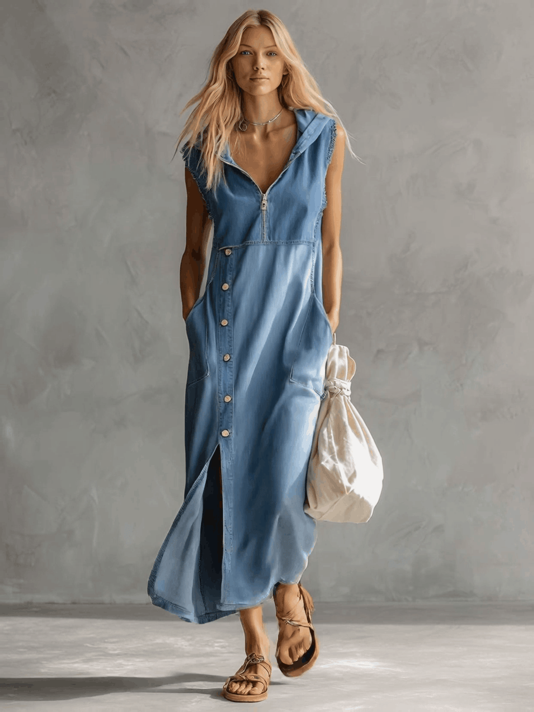 Vintage style women's blue hooded midi dress. Features button details, V-neck, side slits, and comfortable fabric.
