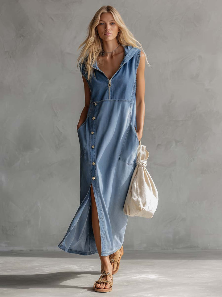 Casual blue hooded midi dress for women. Sleeveless vintage style with V-neck, zipper, and elegant side slits.