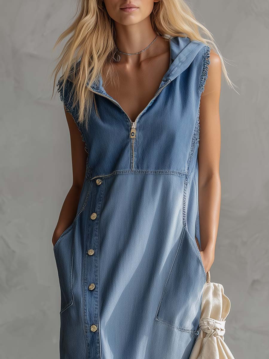 Stylish women's blue midi dress. Vintage hooded design with flattering V-neck, zipper front, and side slits.