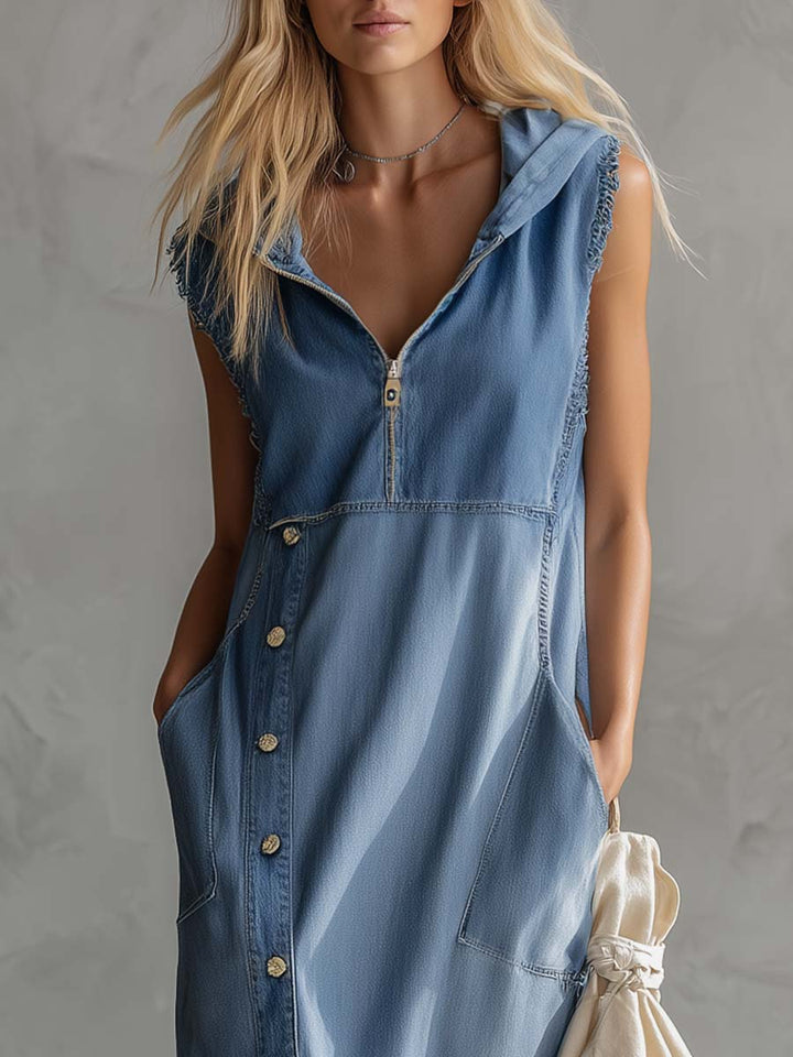 Stylish women's blue midi dress. Vintage hooded design with flattering V-neck, zipper front, and side slits.