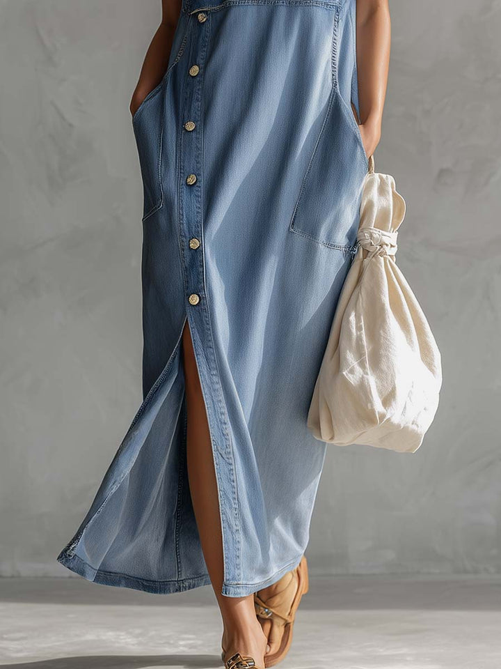 Versatile vintage blue midi dress for women. Hooded with side slits, V-neck, and zipper closure for everyday comfort.