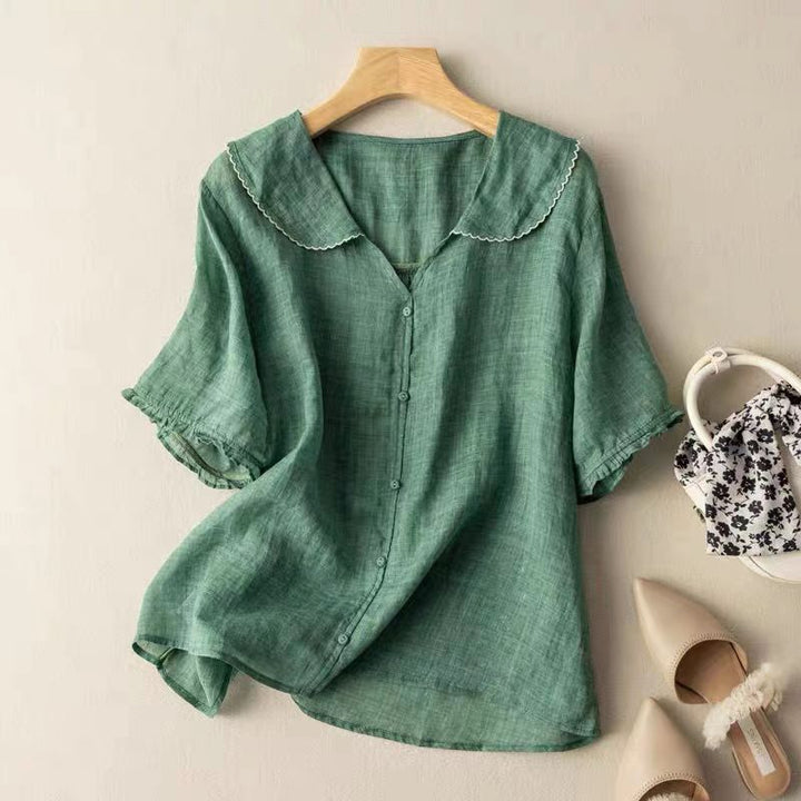 Women's vintage button blouse with elegant scalloped collar, relaxed fit, perfect for spring office or casual wear.