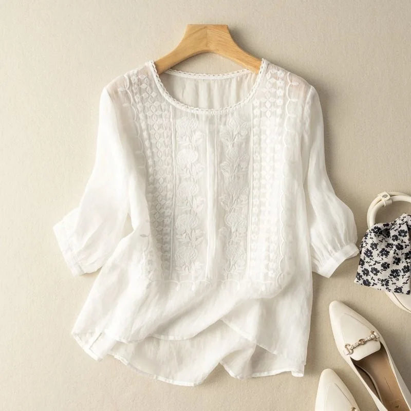 Feminine women's blouse, elegant vintage embroidery & sheer puff sleeves. A romantic top for spring/summer wear.