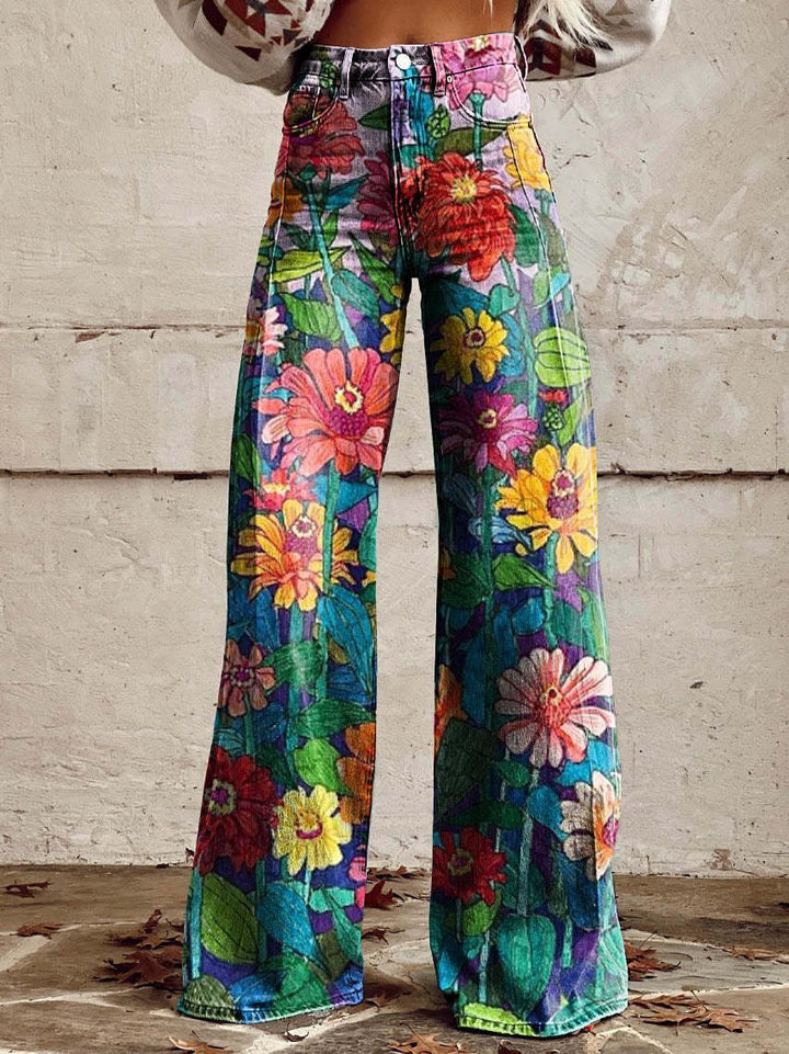 Comfortable women's wide-leg pants. Vintage floral pattern, high-waist, loose fit for boho summer fashion.