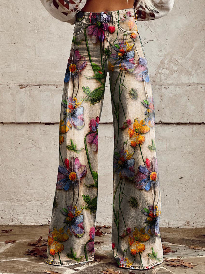 Versatile women's wide-leg pants. Vintage floral print, loose fit, ideal for summer vacation and boho style.