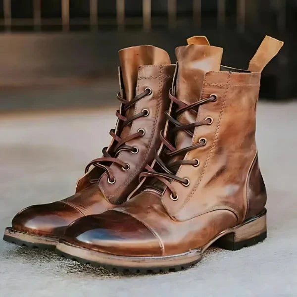 Women's vintage lace-up black combat boots with rugged sole for stylish comfort & everyday wear.