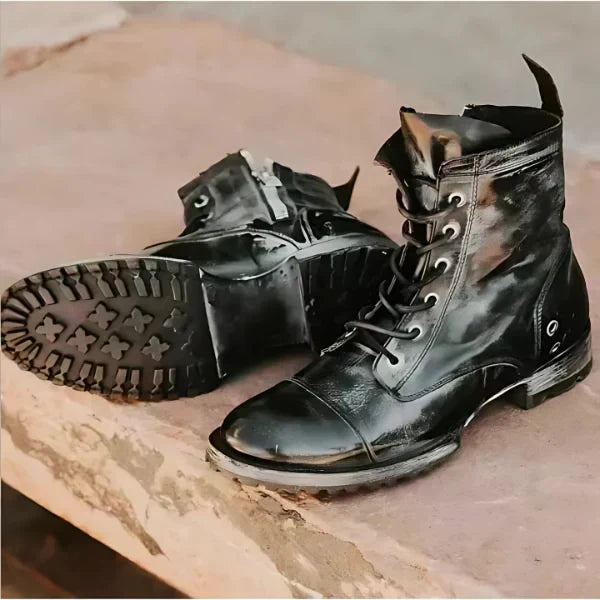 Fashionable women's brown ankle combat boots featuring a classic lace-up design & comfortable fit.