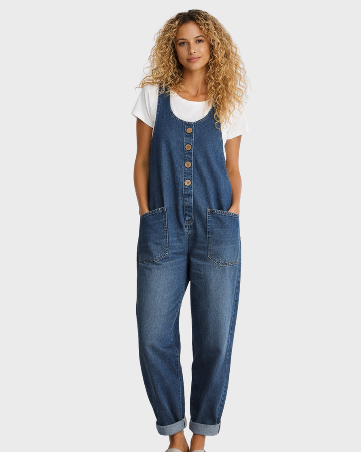 Women's vintage loose fit denim jumpsuit with adjustable straps, perfect for casual summer wear.