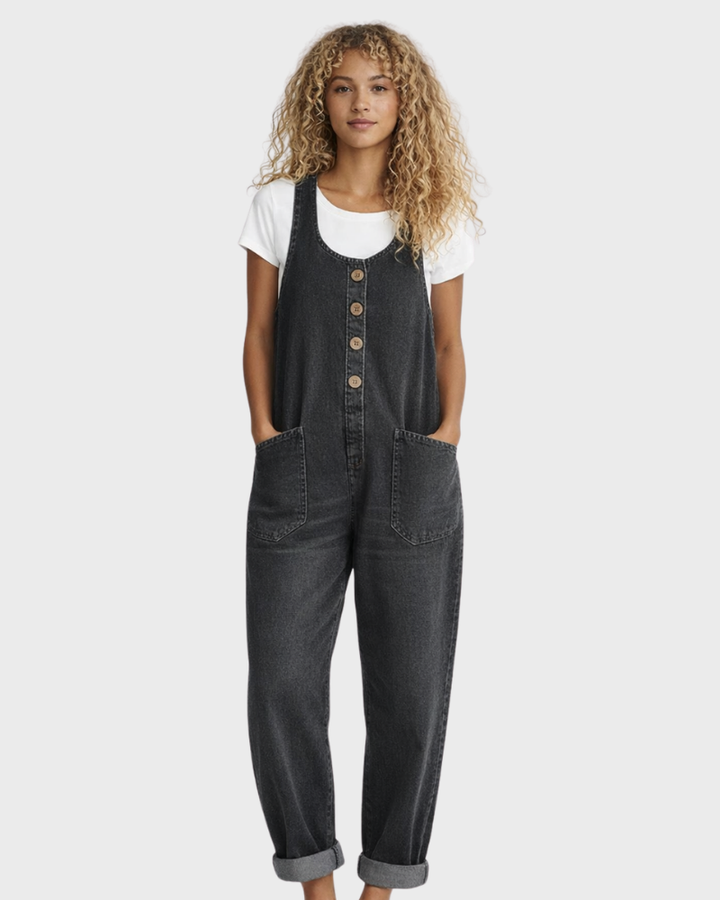 Bohemian style women's wide-leg denim overall. Loose fit vintage jumpsuit with comfortable adjustable straps.