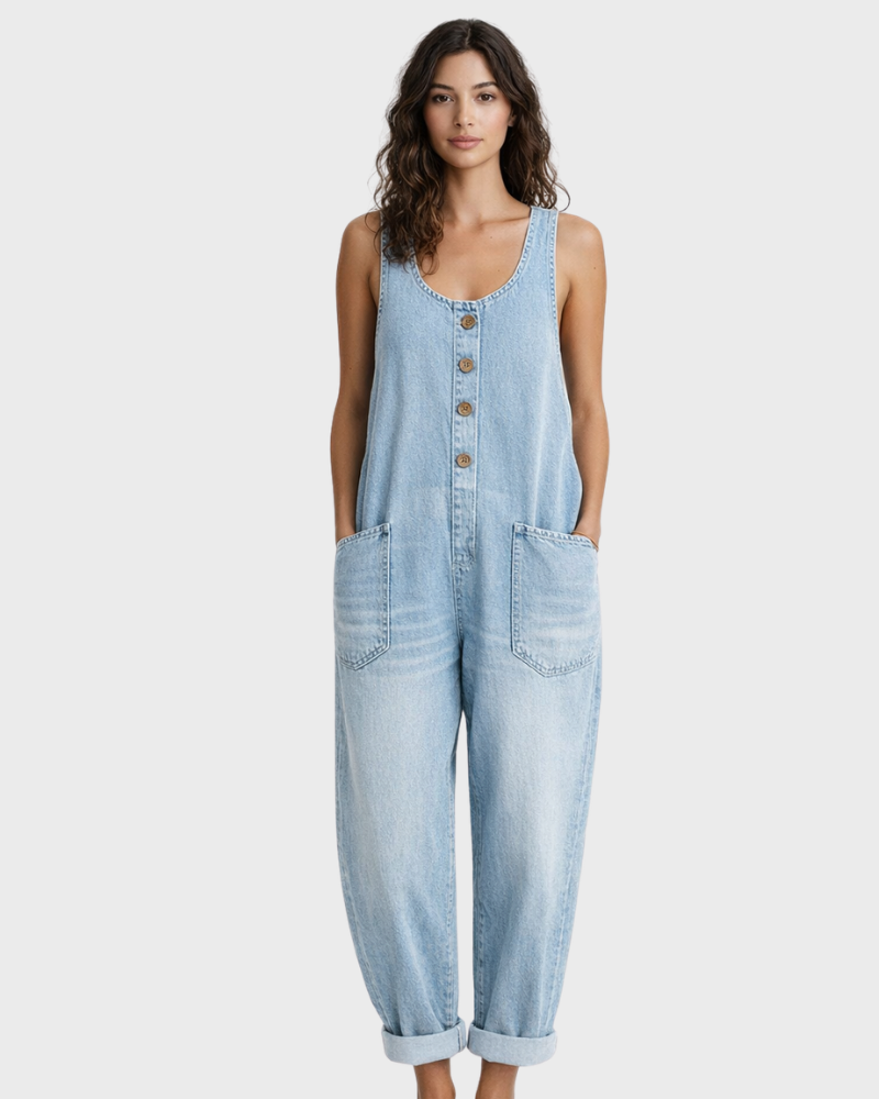 Comfortable cotton denim jumpsuit for women. Vintage loose fit style with adjustable straps, ideal for summer outfits.
