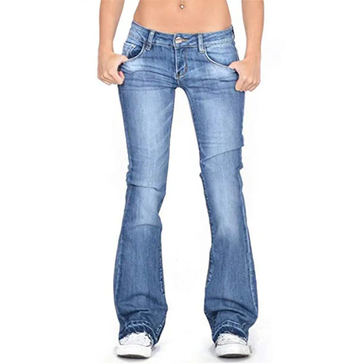 Fashionable women's low-rise flared jeans, a comfortable vintage style casual bottom.