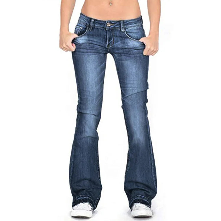 Retro-inspired women's flared jeans, low-rise, perfect for a vintage casual ensemble.