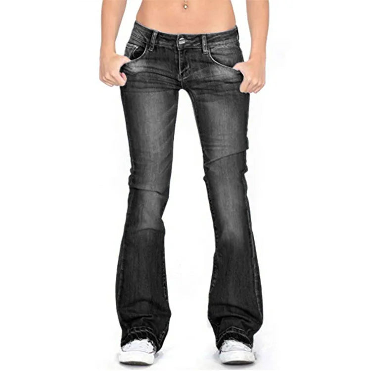 Trendy and comfortable women's low-rise flared jeans with a vintage flared leg design.