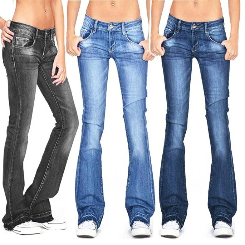 Versatile women's vintage low-rise flared jeans, great for casual and boho chic styles.