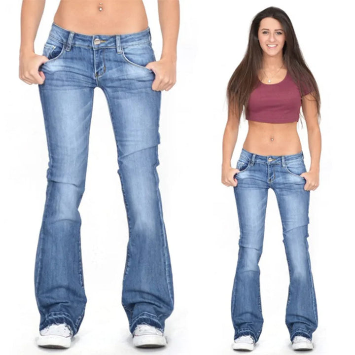 Boho chic women's flared jeans, low-rise, perfect for a vintage-inspired casual look.