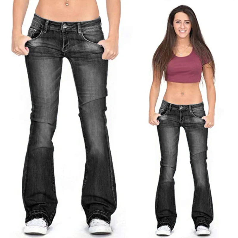 Women's low-rise flared jeans with a classic vintage wash for retro fashion and comfort.