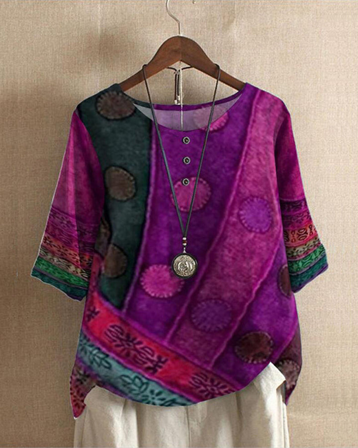 Casual women's relaxed fit vintage patchwork tunic blouse, three-quarter sleeve, ideal for everyday wear.