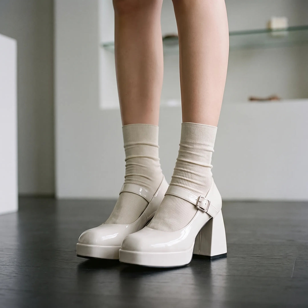 Women's vintage platform pumps with stable block heel, square toe. Perfect for retro fashion or dressy occasions.