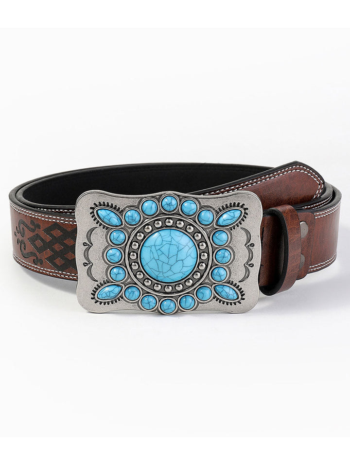 Women's vintage PU leather belt with colorful gem flower buckle, a unique bohemian fashion accessory.