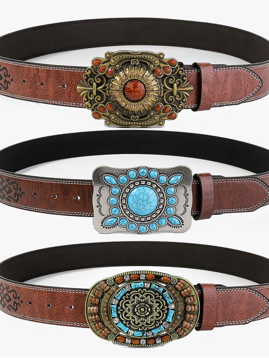 Elegant women's vintage flower belt, crafted from PU leather with vibrant gem accents. A fashionable boho belt.