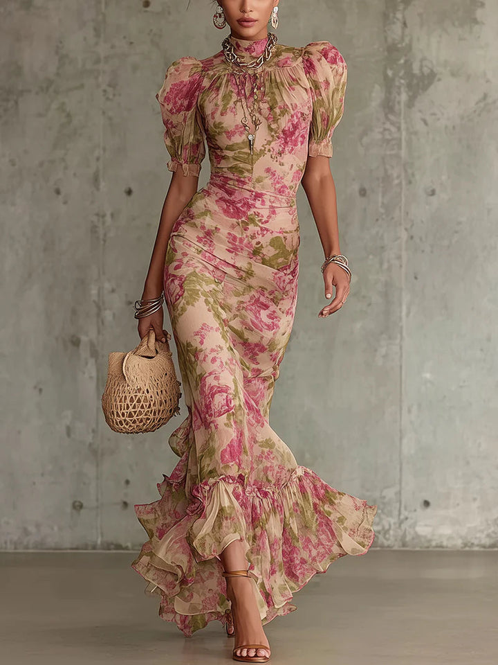 Women's vintage rose print maxi dress with elegant puff sleeves, perfect for summer parties or wedding guests.