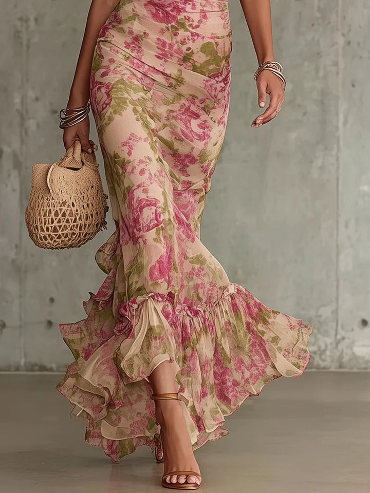 Elegant women's maxi dress with a beautiful vintage rose print, puff sleeves, and flowy design, great for summer events.