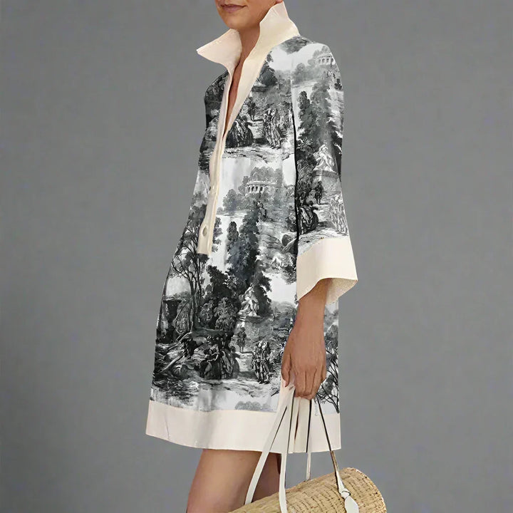 Women's vintage toile print mini tunic dress, perfect for summer fashion and casual chic style. Relaxed fit.